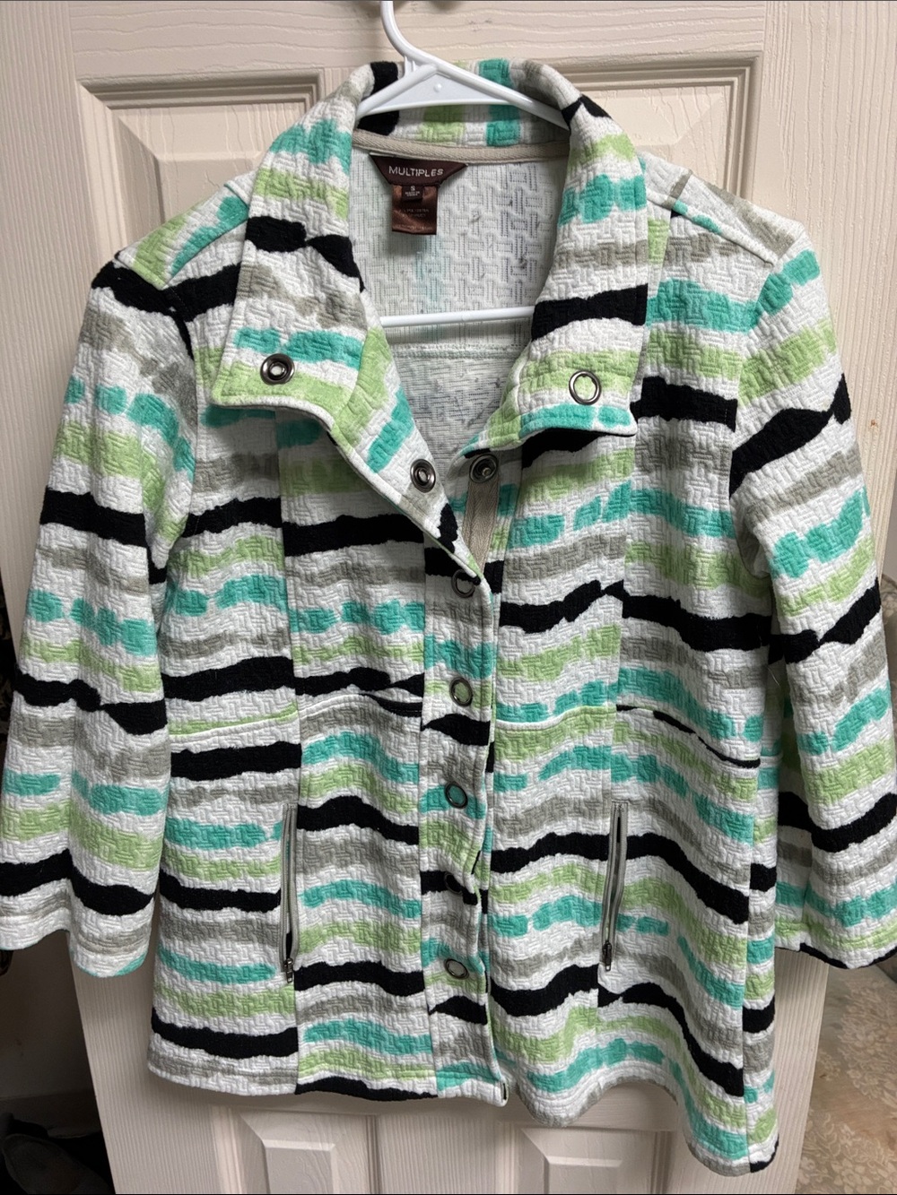 Multiples Striped Textured Pea Coat in White, Black, Mint & Teal
